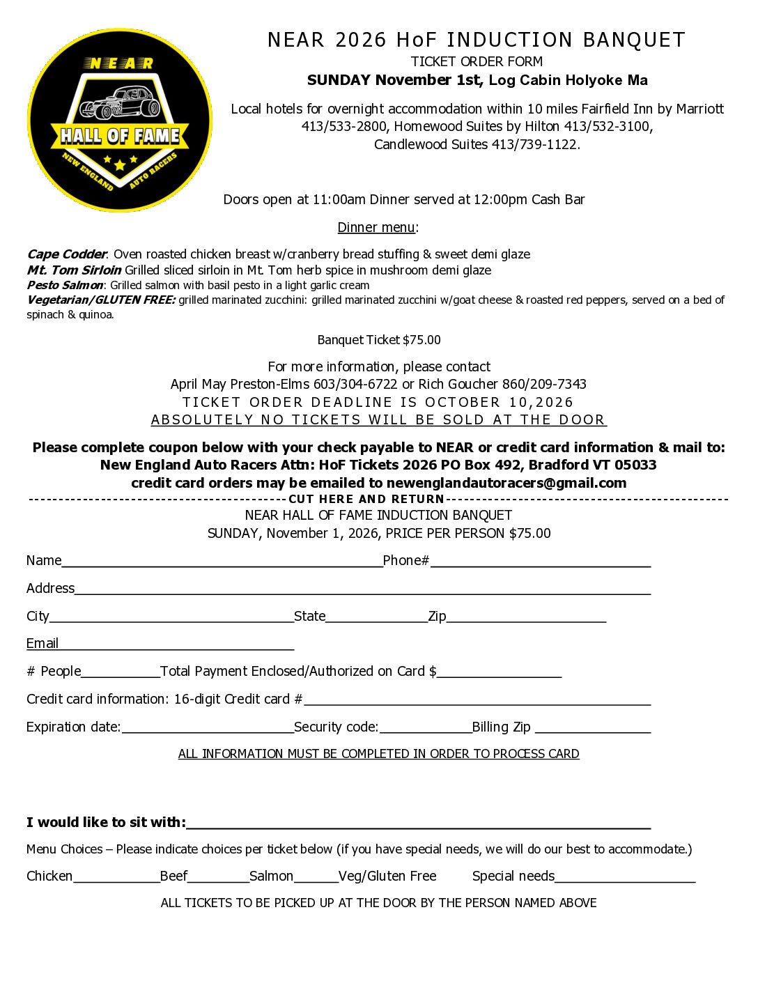 NEAR 2026 HoF INDUCTION BANQUETTICKET ORDER FORMSUNDAY November 1st, Log Cabin Holyoke Ma